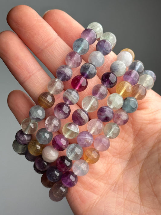Rainbow Fluorite Bracelet | Natural Multicolor Fluorite Beaded Jewelry | Polished Gemstone Bracelet for Collectors Fashion Wear Gift Accent