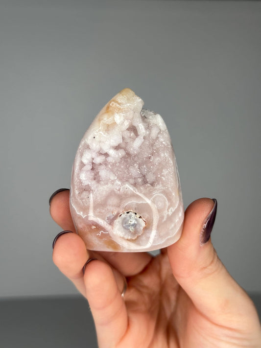 Flower Agate Flame | Natural Pink Flower Agate Crystal Flame Carving | Polished Mineral Specimen for Collectors Display Decor Accent