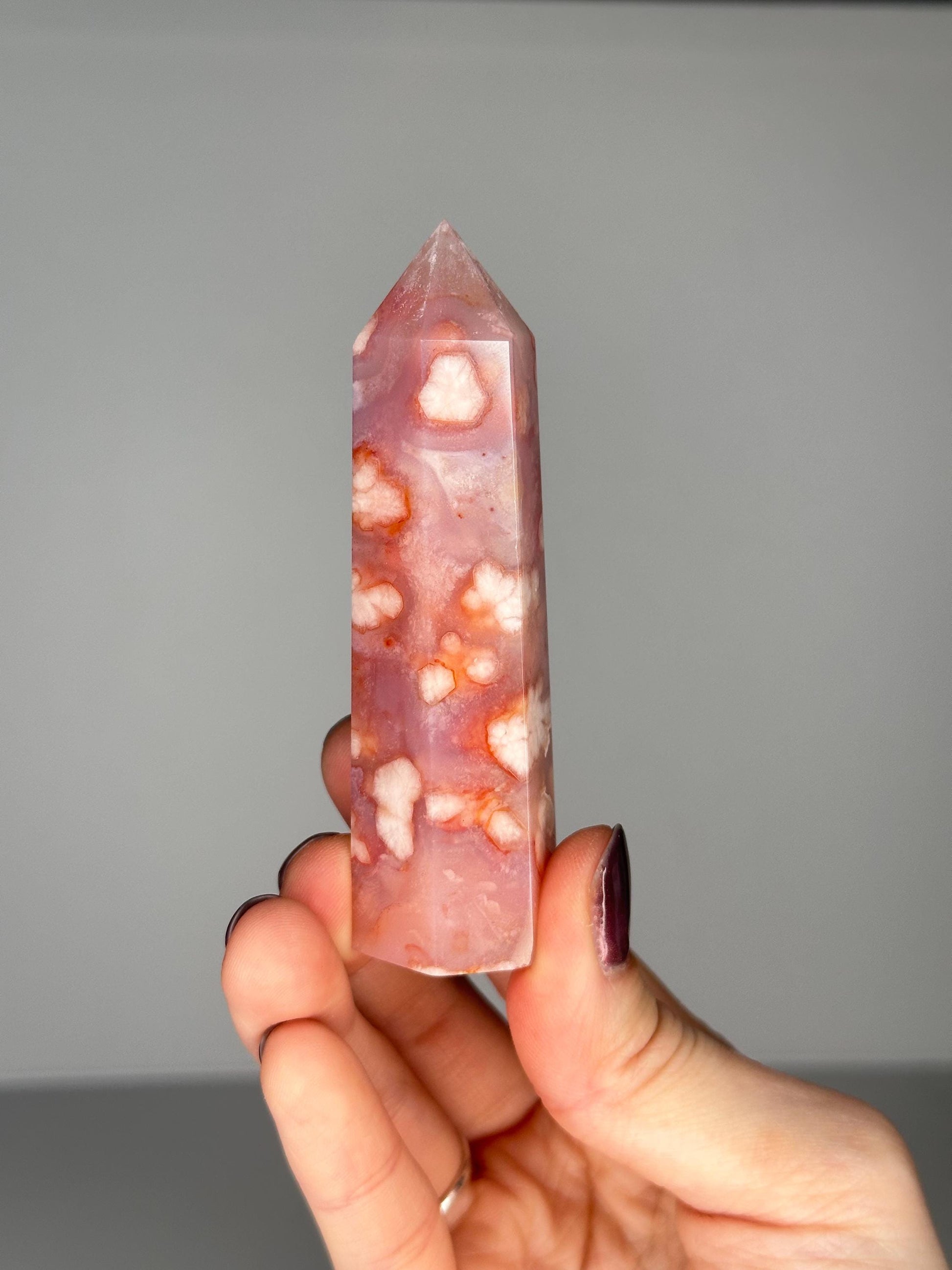 Pink Carnelian Flower Agate Tower | Natural Banded Agate Crystal Point | Polished Mineral Specimen for Collectors Display Decor Accent