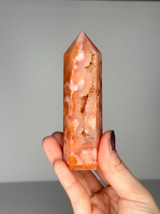 Pink Carnelian Flower Agate Tower | Natural Banded Agate Crystal Point | Polished Mineral Specimen for Collectors Display Decor Accent