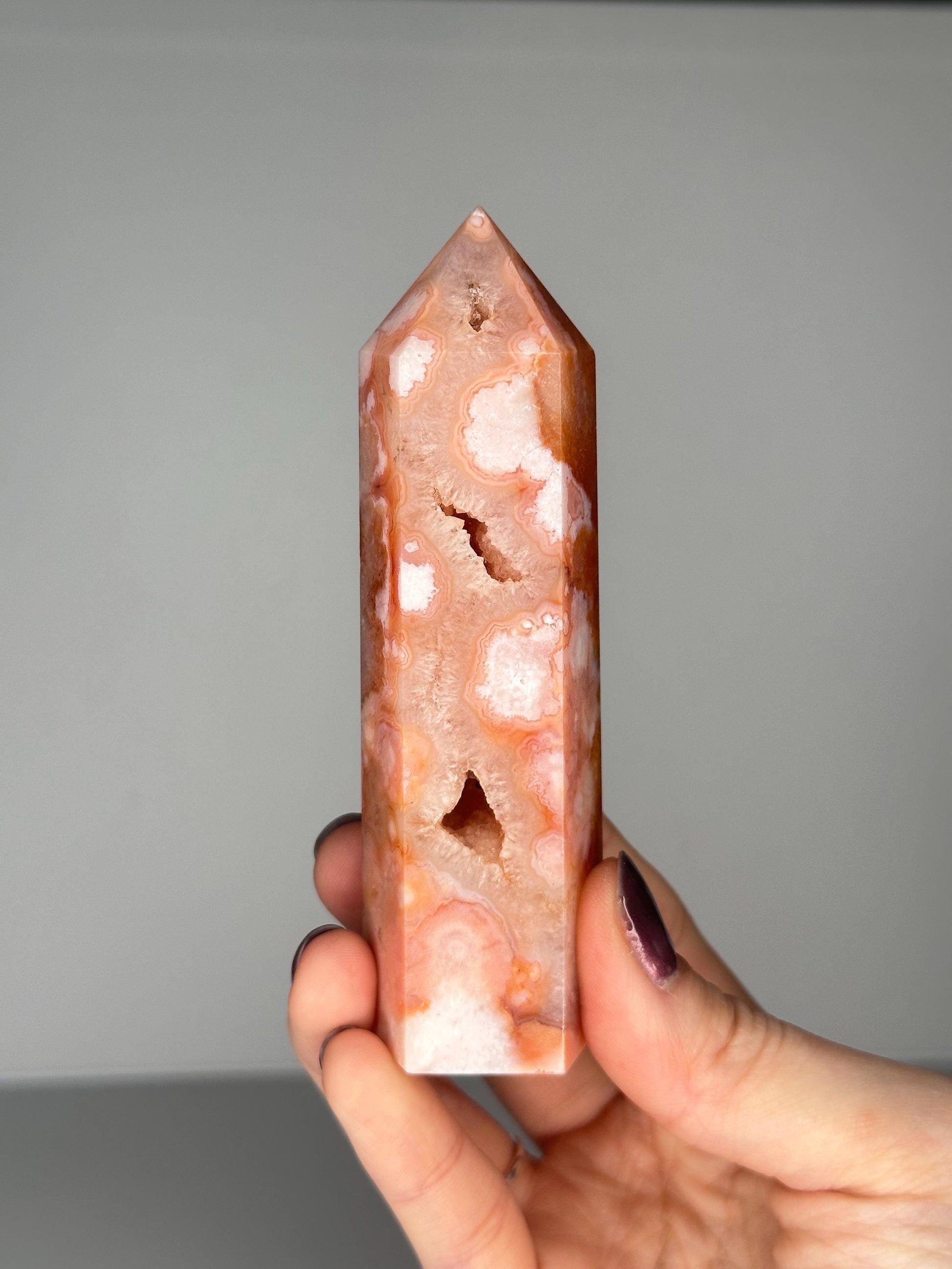 Pink Carnelian Flower Agate Tower | Natural Banded Agate Crystal Point | Polished Mineral Specimen for Collectors Display Decor Accent