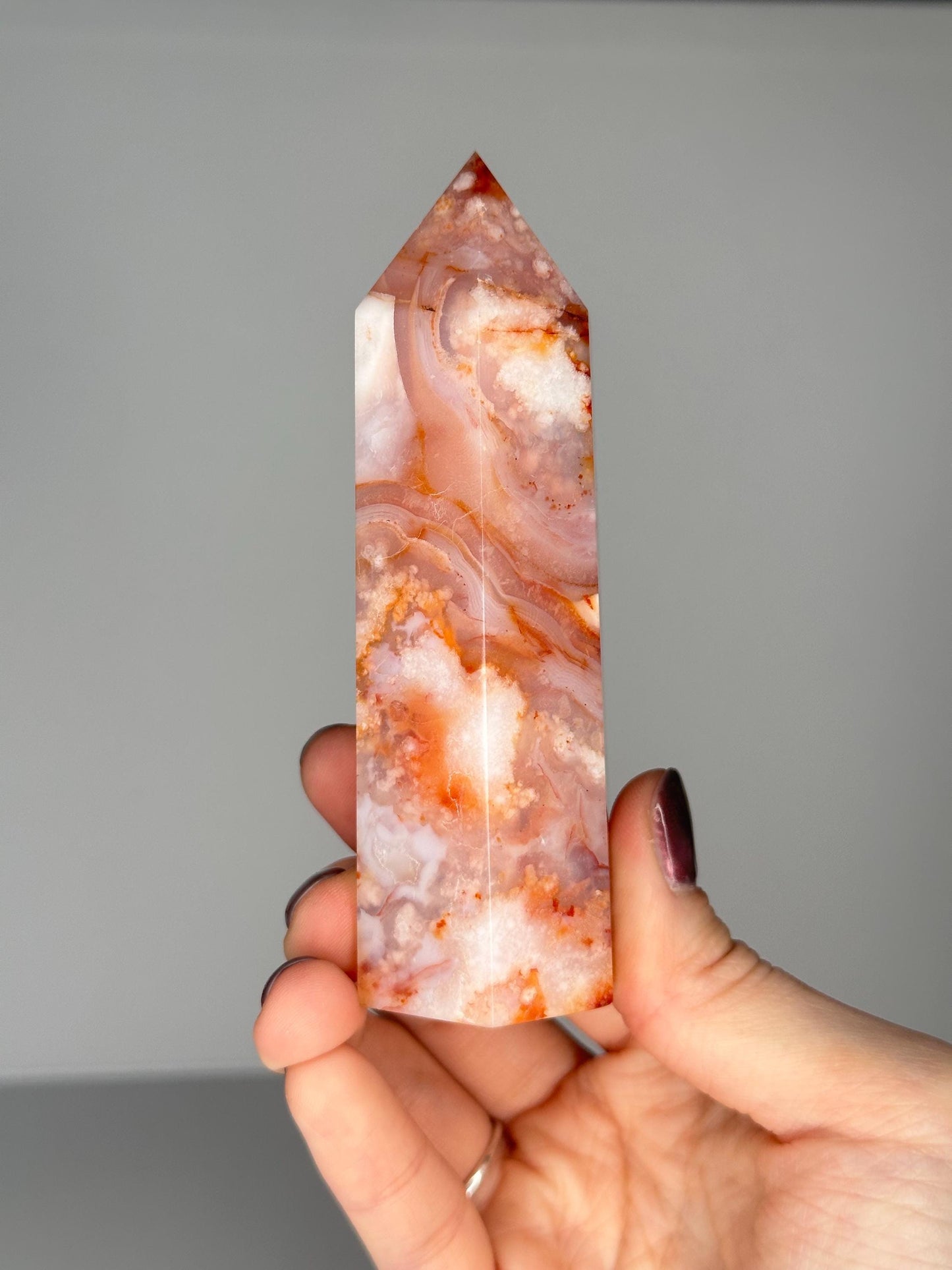 Pink Carnelian Flower Agate Tower | Natural Banded Agate Crystal Point | Polished Mineral Specimen for Collectors Display Decor Accent