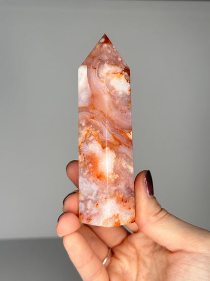Pink Carnelian Flower Agate Tower | Natural Banded Agate Crystal Point | Polished Mineral Specimen for Collectors Display Decor Accent