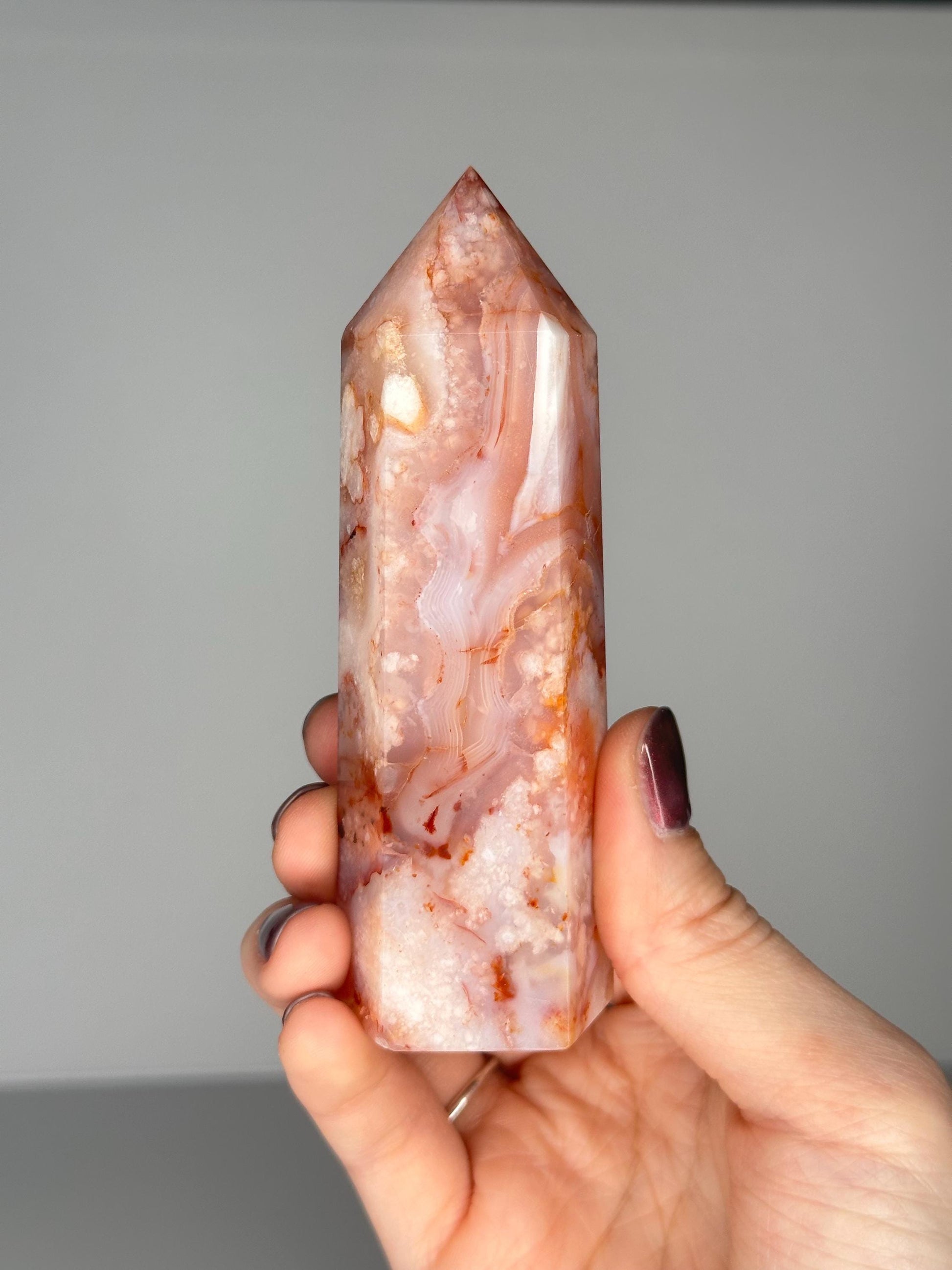 Pink Carnelian Flower Agate Tower | Natural Banded Agate Crystal Point | Polished Mineral Specimen for Collectors Display Decor Accent