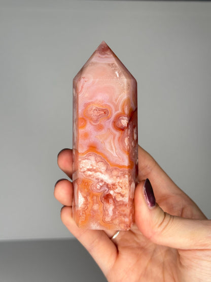 Pink Carnelian Flower Agate Tower | Natural Banded Agate Crystal Point | Polished Mineral Specimen for Collectors Display Decor Accent