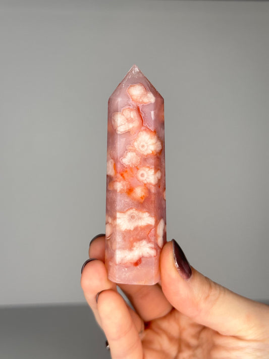 Pink Carnelian Flower Agate Tower | Natural Banded Agate Crystal Point | Polished Mineral Specimen for Collectors Display Decor Accent