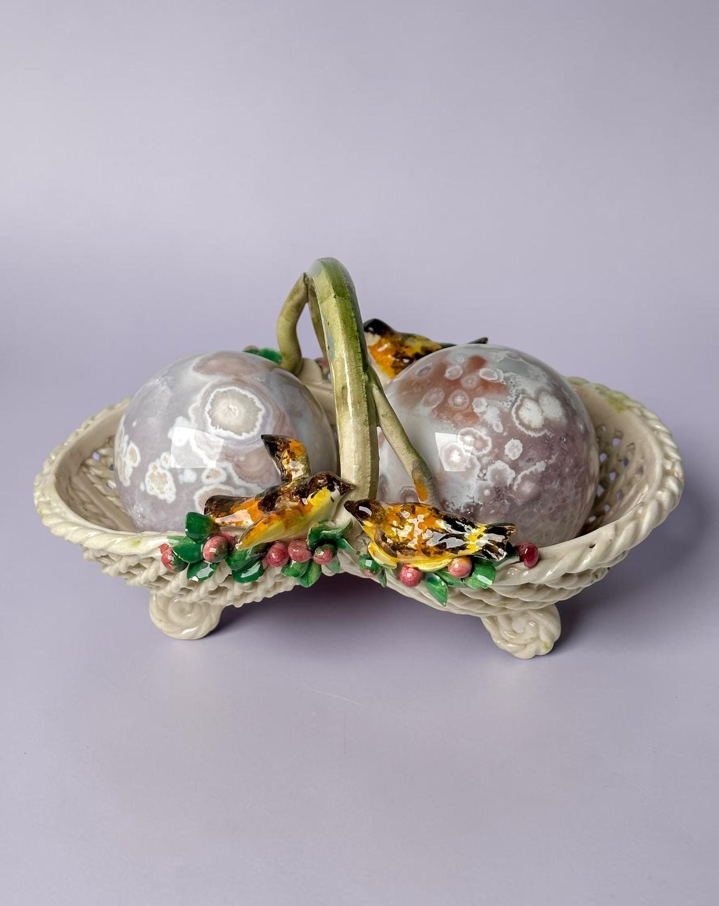 Porcelain Basket with Birds | Vintage Ceramic Floral Bird Trinket Dish | Decorative Catchall Bowl for Jewelry Keys Home Decor Accent