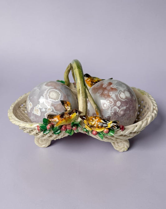 Porcelain Basket with Birds | Vintage Ceramic Floral Bird Trinket Dish | Decorative Catchall Bowl for Jewelry Keys Home Decor Accent