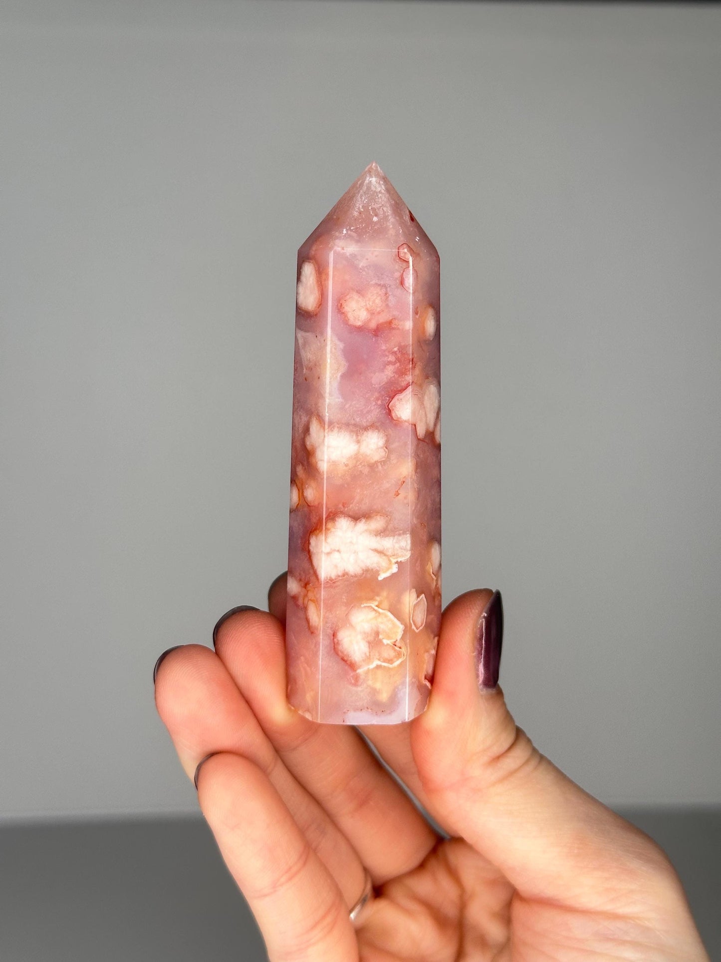 Pink Carnelian Flower Agate Tower | Natural Banded Agate Crystal Point | Polished Mineral Specimen for Collectors Display Decor Accent
