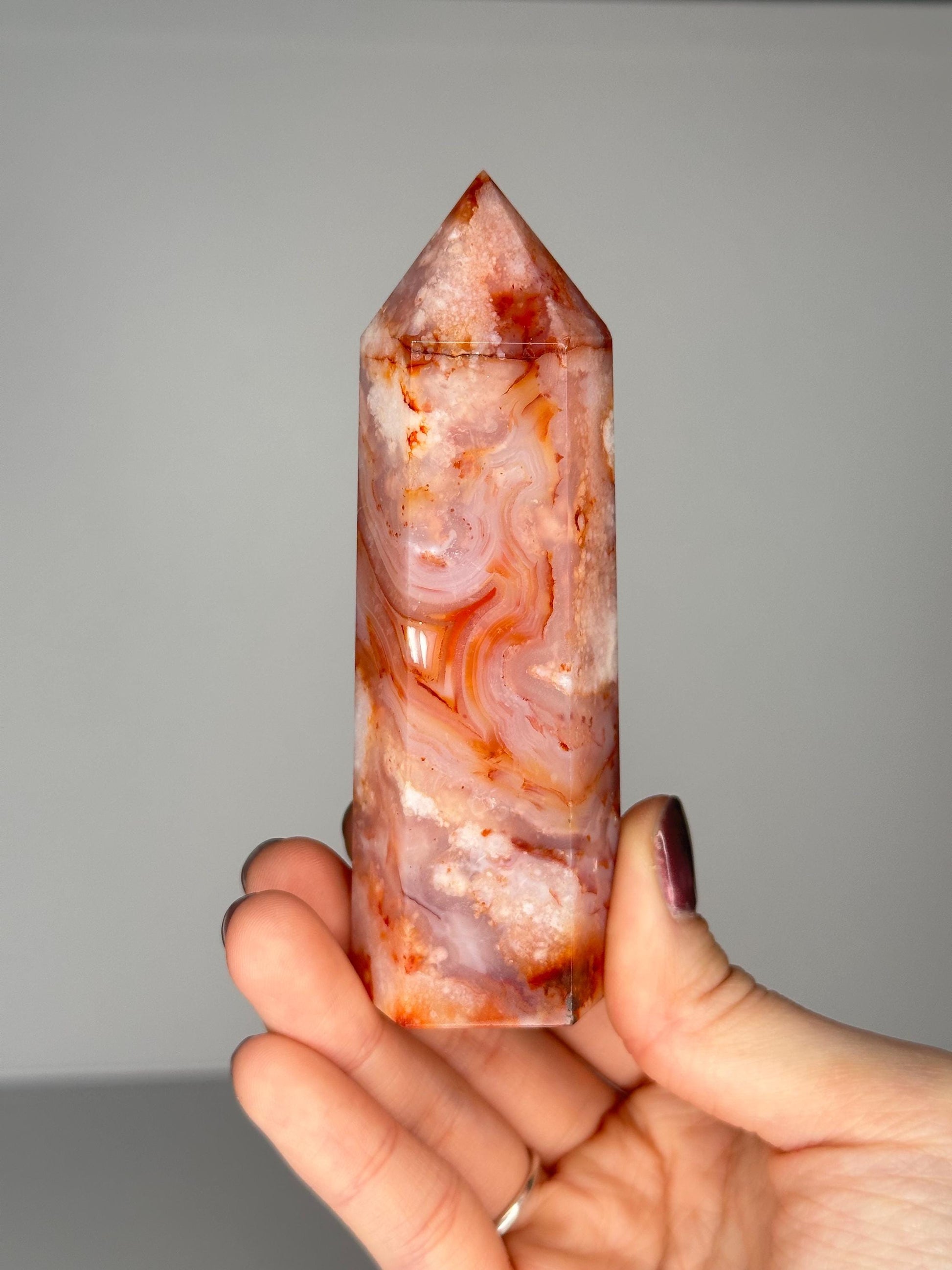 Pink Carnelian Flower Agate Tower | Natural Banded Agate Crystal Point | Polished Mineral Specimen for Collectors Display Decor Accent