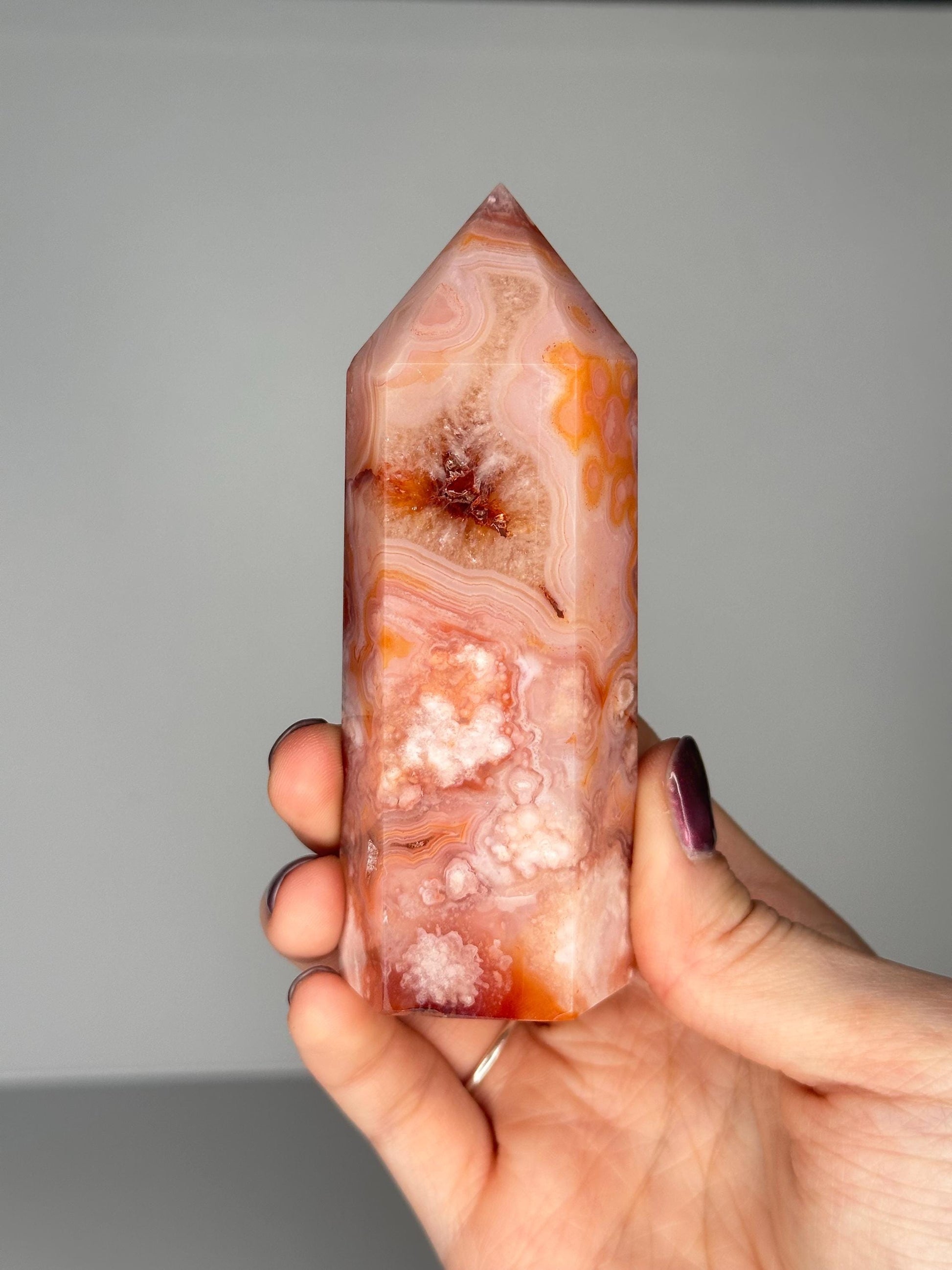 Pink Carnelian Flower Agate Tower | Natural Banded Agate Crystal Point | Polished Mineral Specimen for Collectors Display Decor Accent