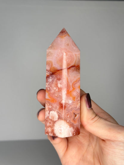 Pink Carnelian Flower Agate Tower | Natural Banded Agate Crystal Point | Polished Mineral Specimen for Collectors Display Decor Accent