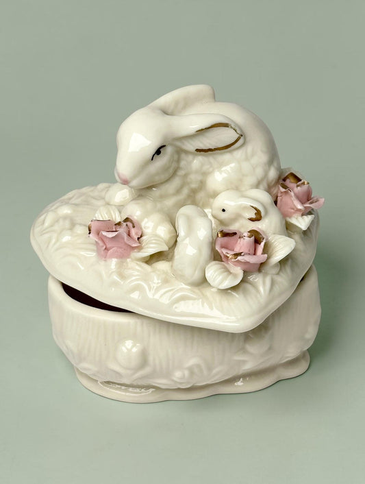 Porcelain Rabbit Family Trinket Dish | Vintage Ceramic Bunny Jewelry Tray | Decorative Catchall Plate for Rings Keys Home Decor Accent