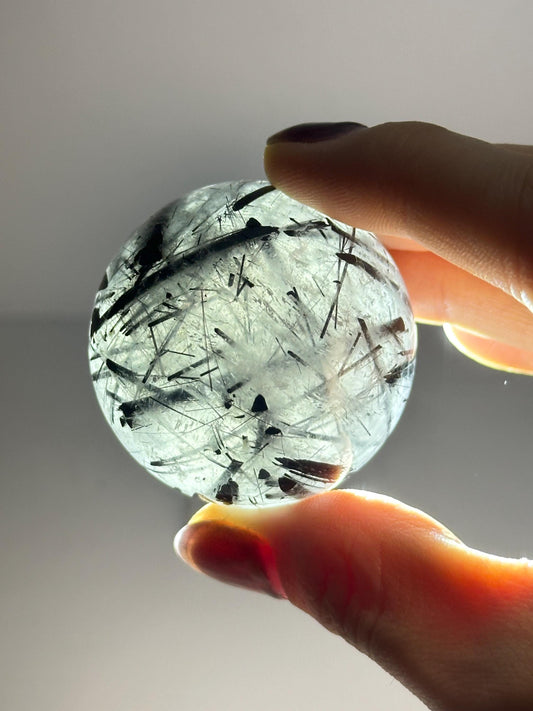 Black Tourmaline in Quartz Sphere | Natural Inclusion Quartz Crystal Ball | Polished Stone Orb for Home Decor Display Accent Piece