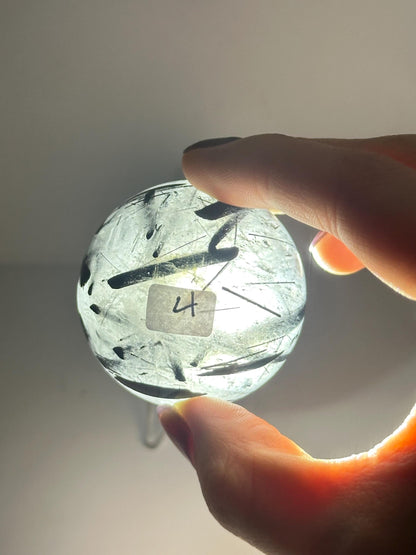 Black Tourmaline in Quartz Sphere | Natural Inclusion Quartz Crystal Ball | Polished Stone Orb for Home Decor Display Accent Piece