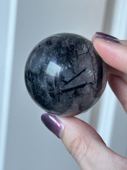 Black Tourmaline in Quartz Sphere | Natural Inclusion Quartz Crystal Ball | Polished Stone Orb for Home Decor Display Accent Piece