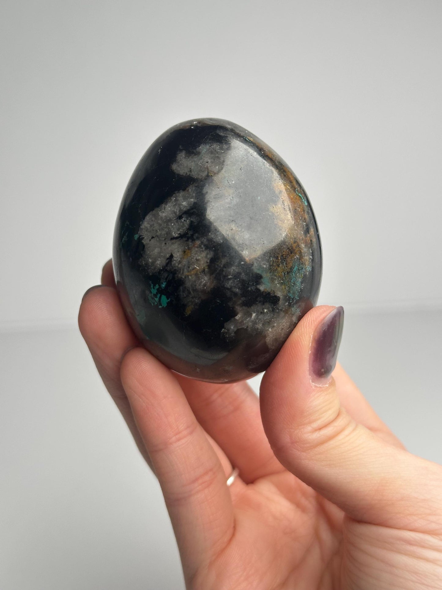 Black Tourmaline with Chrysocolla Egg | Natural Mineral Crystal Carving | Polished Stone Display Piece for Home Decor Accent