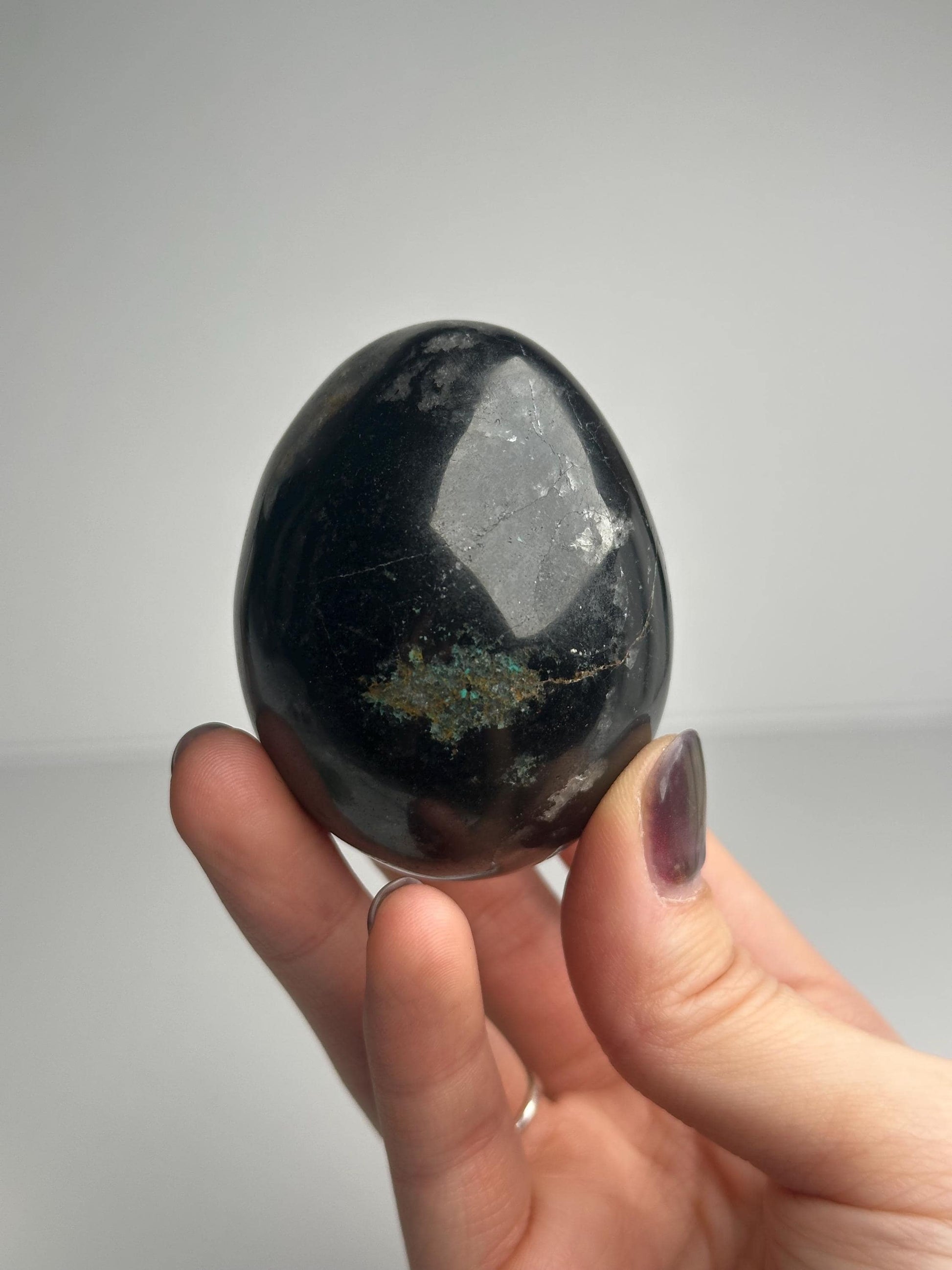 Black Tourmaline with Chrysocolla Egg | Natural Mineral Crystal Carving | Polished Stone Display Piece for Home Decor Accent