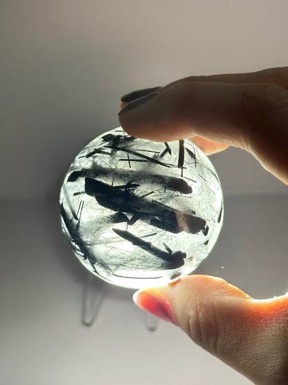 Black Tourmaline in Quartz Sphere | Natural Inclusion Quartz Crystal Ball | Polished Stone Orb for Home Decor Display Accent Piece