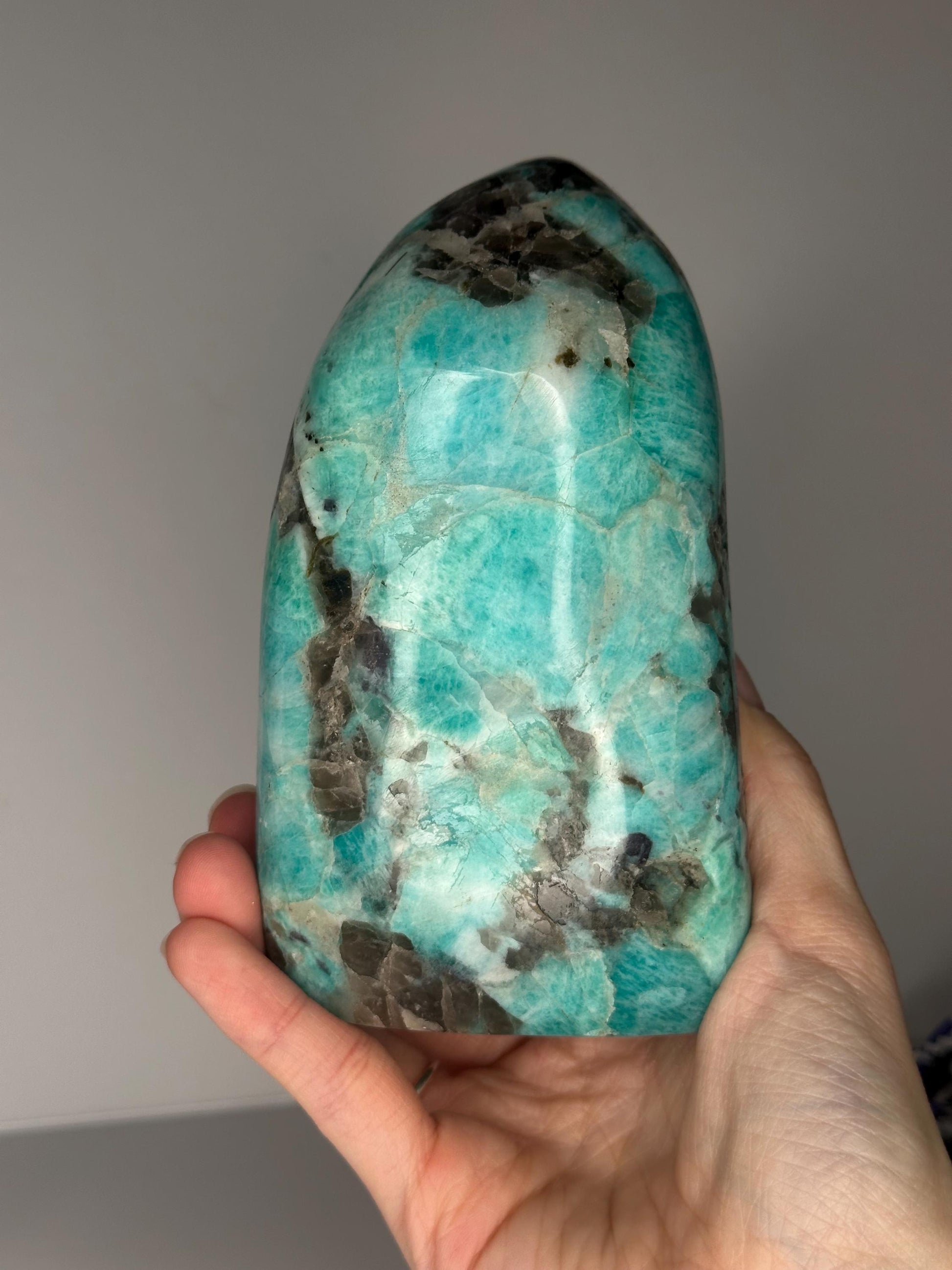 Smoky Quartz Amazonite Freeform | Natural Quartz Amazonite Crystal Sculpture | Polished Stone Display Piece for Home Decor Accent