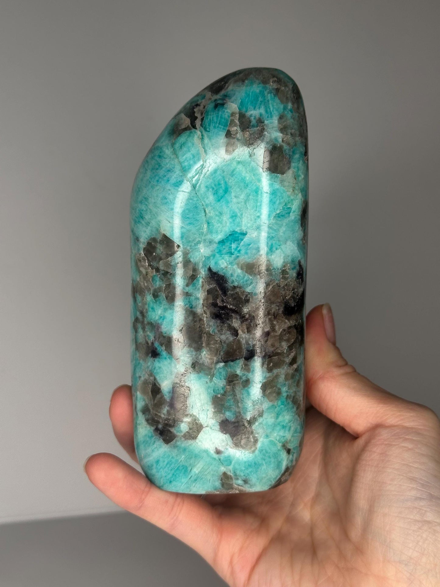 Smoky Quartz Amazonite Freeform | Natural Quartz Amazonite Crystal Sculpture | Polished Stone Display Piece for Home Decor Accent