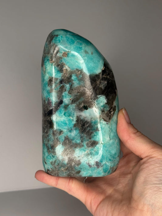 Smoky Quartz Amazonite Freeform | Natural Quartz Amazonite Crystal Sculpture | Polished Stone Display Piece for Home Decor Accent