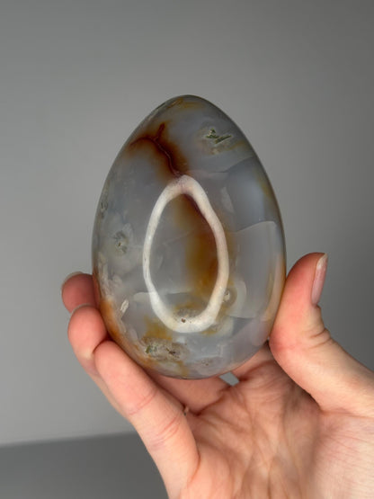 Blue Green Mossy Carnelian Egg | Natural Moss Agate Carnelian Crystal Carving | Polished Stone Display Piece for Home Decor Accent