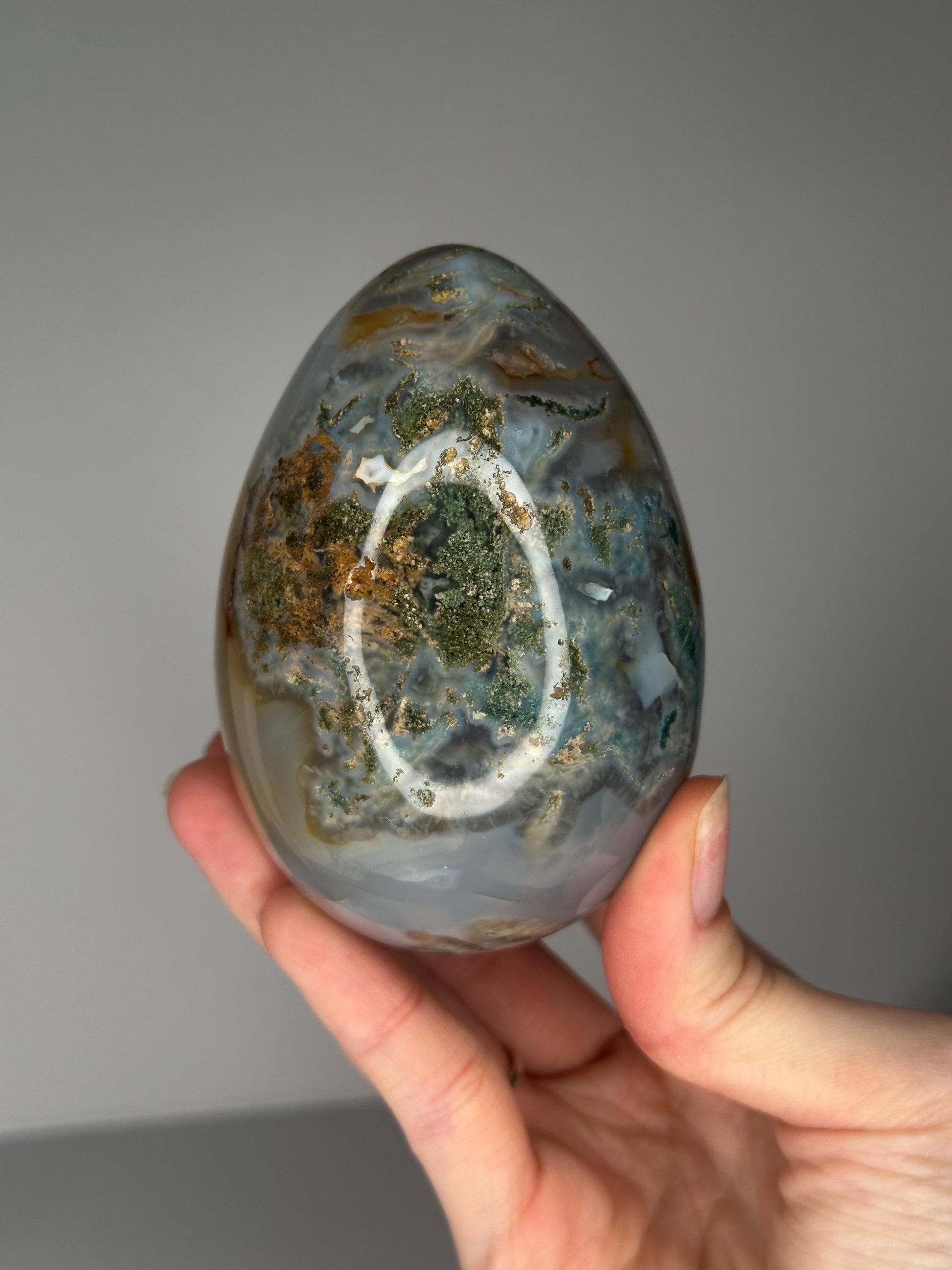 Blue Green Mossy Carnelian Egg | Natural Moss Agate Carnelian Crystal Carving | Polished Stone Display Piece for Home Decor Accent