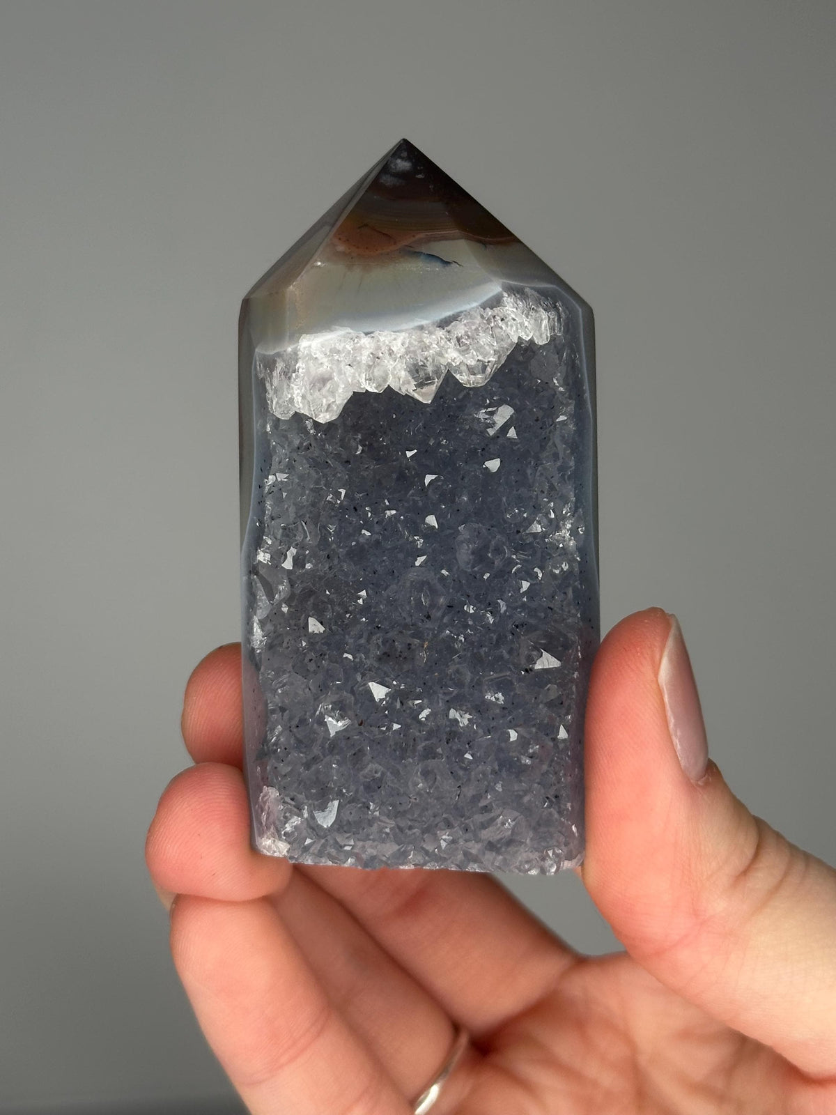 Druzy Agate Tower | Natural Agate Crystal Point with Sparkling Druzy | Decorative Mineral Display Piece for Home Decor Accent