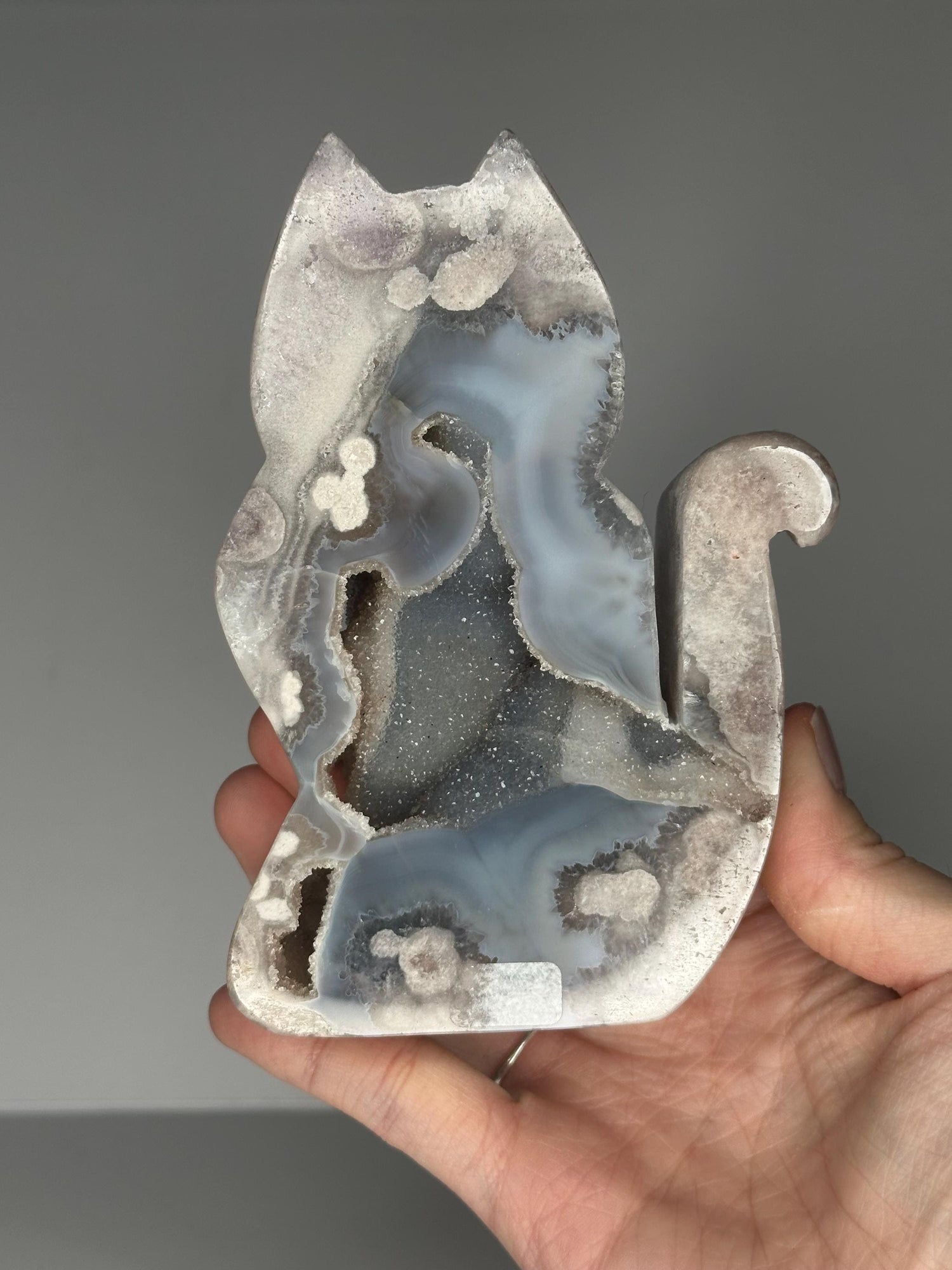 Blue Pink Amethyst Druzy Cat Silhouette Carving | Natural Crystal Cat Sculpture | Decorative Mineral Display Piece for Home Decor Accent