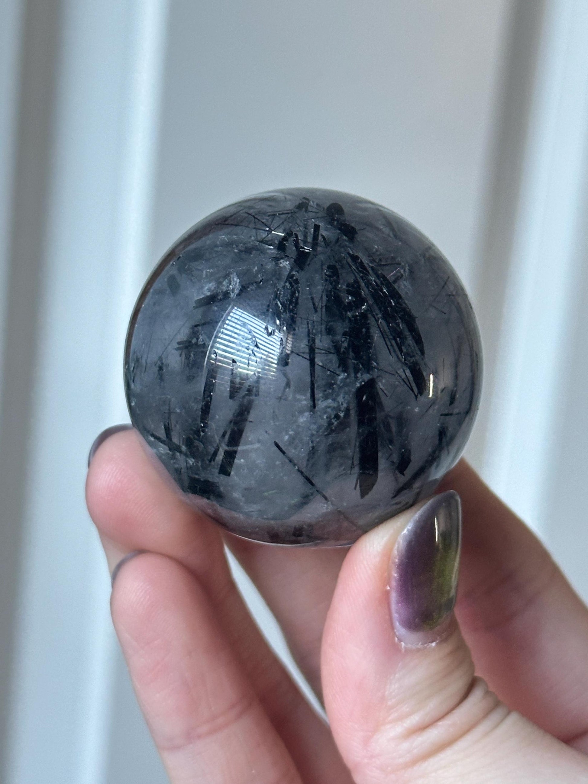 Black Tourmaline in Quartz Sphere | Natural Inclusion Quartz Crystal Ball | Polished Stone Orb for Home Decor Display Accent Piece
