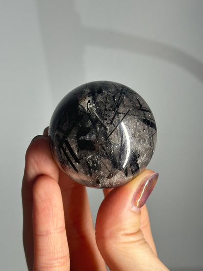 Black Tourmaline in Quartz Sphere | Natural Inclusion Quartz Crystal Ball | Polished Stone Orb for Home Decor Display Accent Piece