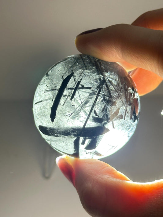 Black Tourmaline in Quartz Sphere | Natural Inclusion Quartz Crystal Ball | Polished Stone Orb for Home Decor Display Accent Piece