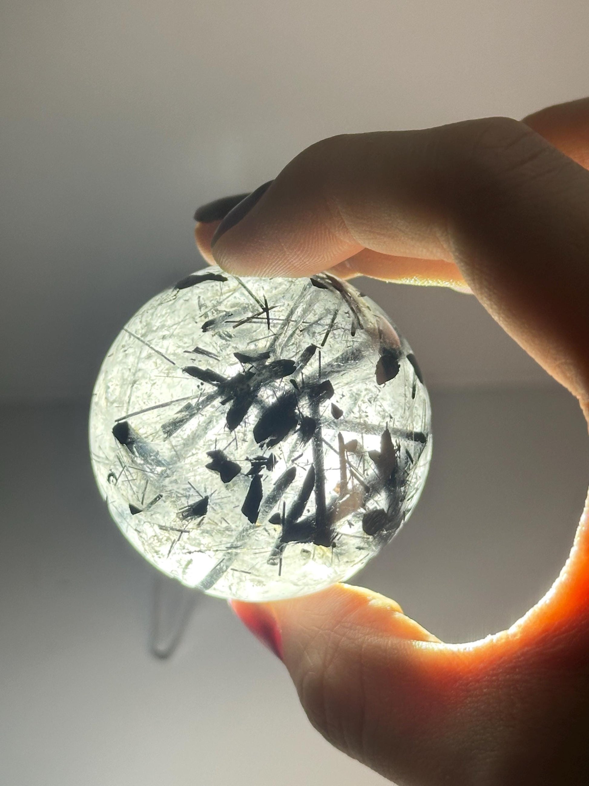 Black Tourmaline in Quartz Sphere | Natural Inclusion Quartz Crystal Ball | Polished Stone Orb for Home Decor Display Accent Piece