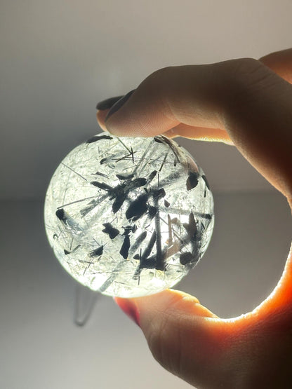 Black Tourmaline in Quartz Sphere | Natural Inclusion Quartz Crystal Ball | Polished Stone Orb for Home Decor Display Accent Piece