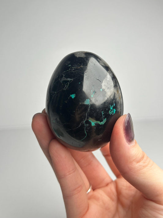 Black Tourmaline with Chrysocolla Egg | Natural Mineral Crystal Carving | Polished Stone Display Piece for Home Decor Accent