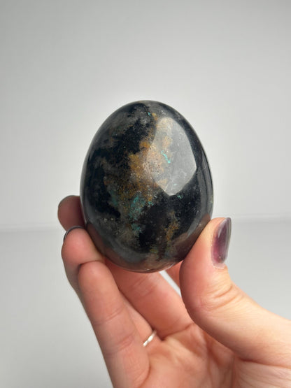 Black Tourmaline with Chrysocolla Egg | Natural Mineral Crystal Carving | Polished Stone Display Piece for Home Decor Accent