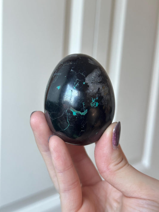 Black Tourmaline with Chrysocolla Egg | Natural Mineral Crystal Carving | Polished Stone Display Piece for Home Decor Accent