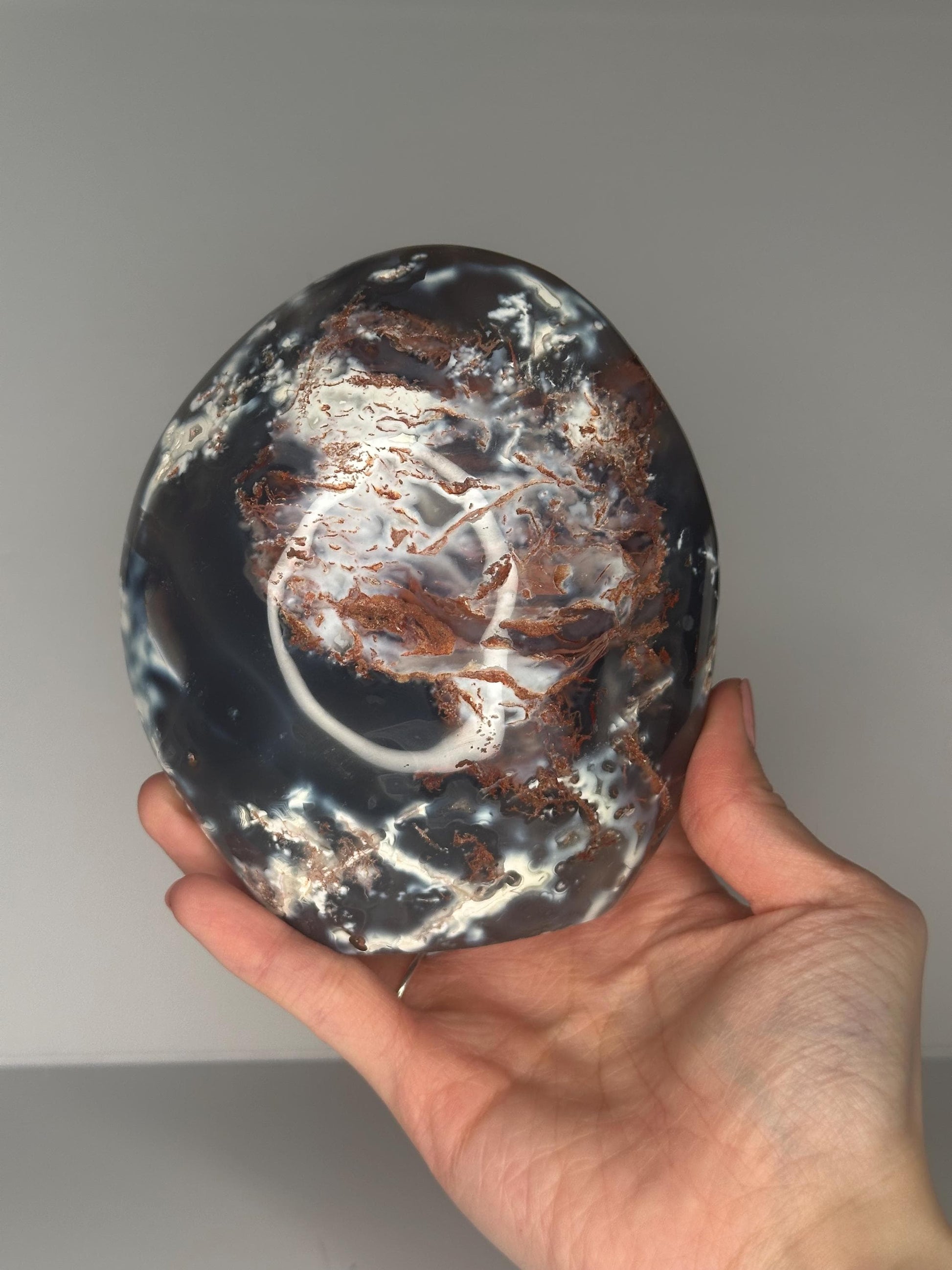 Orca Agate Freeform with Red Moss | Natural Banded Agate Crystal Sculpture | Polished Stone Display Piece for Home Decor Accent