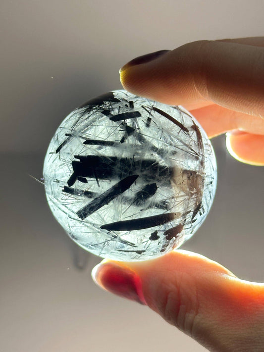 Black Tourmaline in Quartz Sphere | Natural Inclusion Quartz Crystal Ball | Polished Stone Orb for Home Decor Display Accent Piece