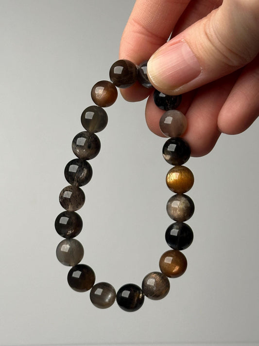 Black Sunstone Moonstone Bracelet 9.6mm | Natural Black Feldspar Beaded Bracelet | Flashy Gemstone Jewelry for Collectors & Everyday Wear