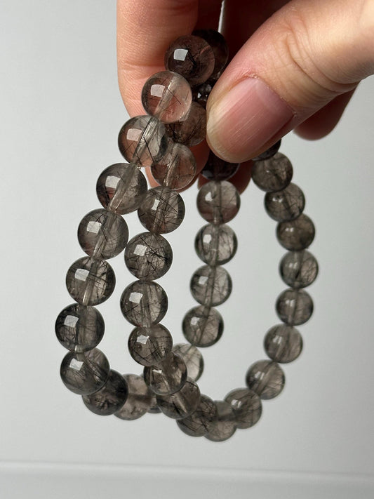 Rutile Smoky Quartz Bead Bracelet 9mm | Natural Black Rutilated Quartz Jewelry | Grounding Crystal Bracelet Gift for Collectors