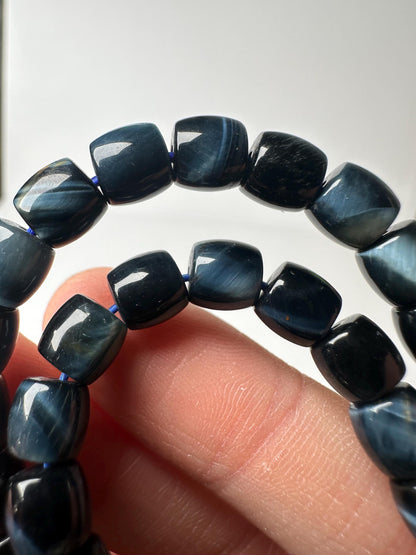 Blue Tiger’s Eye Barrel Bead Bracelet 6.5mm | Natural Hawk’s Eye Crystal Jewelry | Grounding Protection Bracelet Gift for Collectors