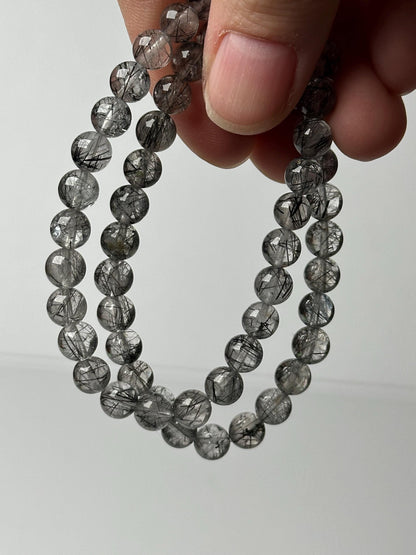 Black Tourmaline in Quartz Bead Bracelet 6.5mm | Natural Tourmalinated Quartz Jewelry | Protection Grounding Crystal Bracelet Gift