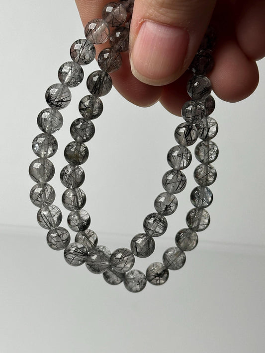 Black Tourmaline in Quartz Bead Bracelet 6.5mm | Natural Tourmalinated Quartz Jewelry | Protection Grounding Crystal Bracelet Gift
