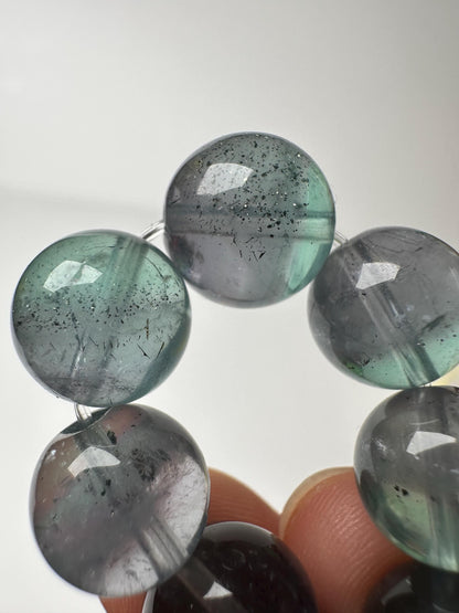 Pyrite in Fluorite Bead Bracelet 11.4mm | Natural Purple Green Fluorite Jewelry | Sparkly Crystal Bracelet Gift for Collectors