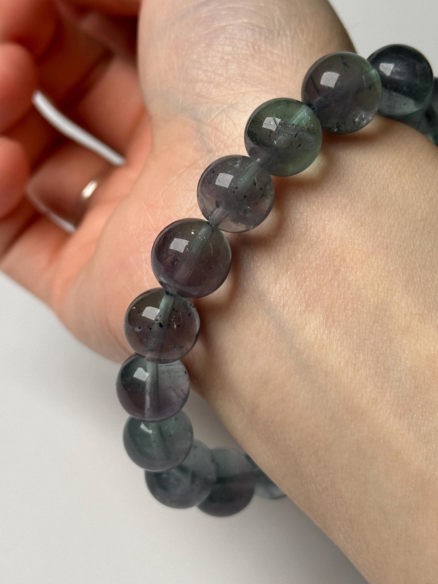 Pyrite in Fluorite Bead Bracelet 11.4mm | Natural Purple Green Fluorite Jewelry | Sparkly Crystal Bracelet Gift for Collectors