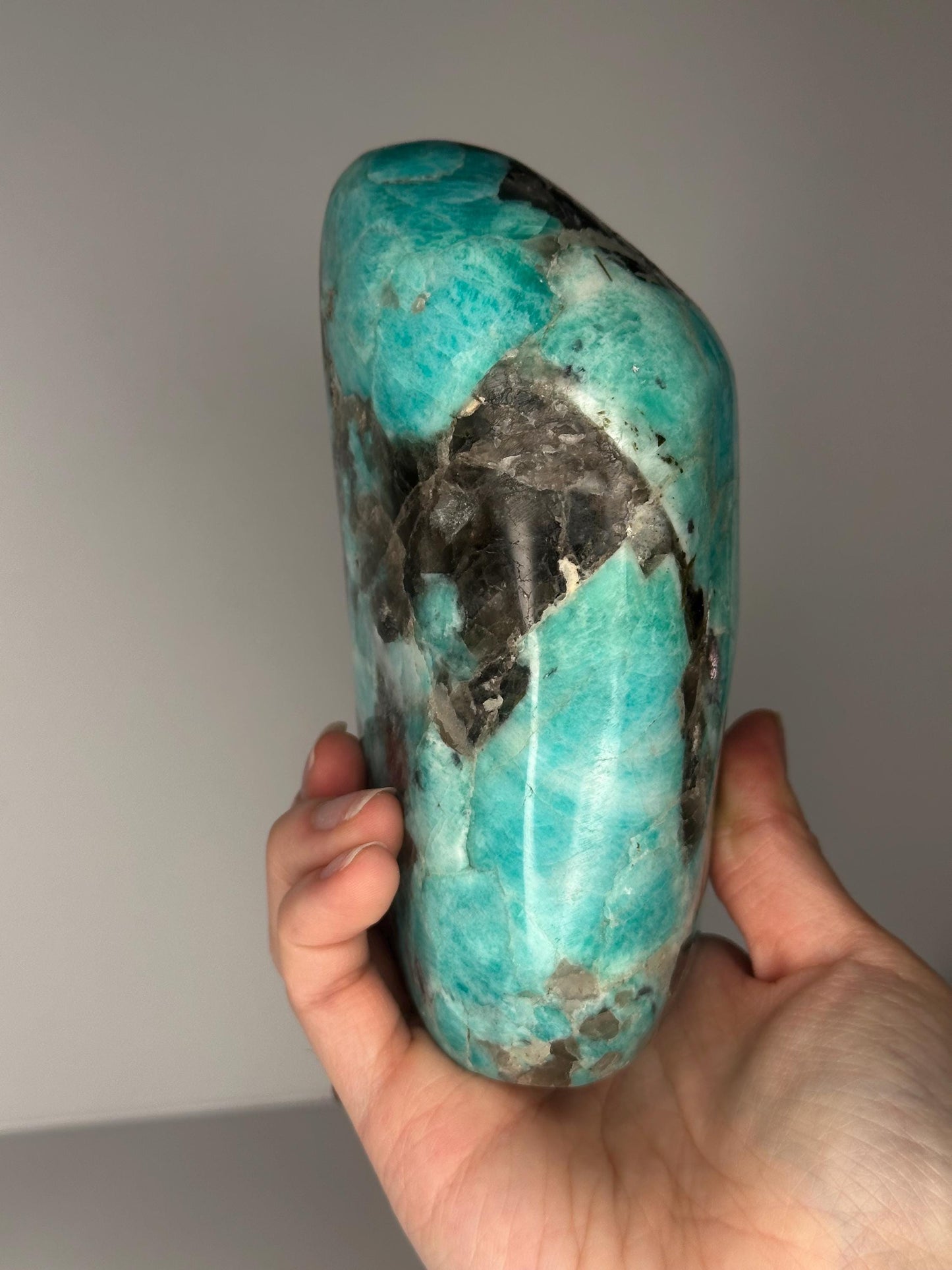 Smoky Quartz Amazonite Freeform | Natural Quartz Amazonite Crystal Sculpture | Polished Stone Display Piece for Home Decor Accent