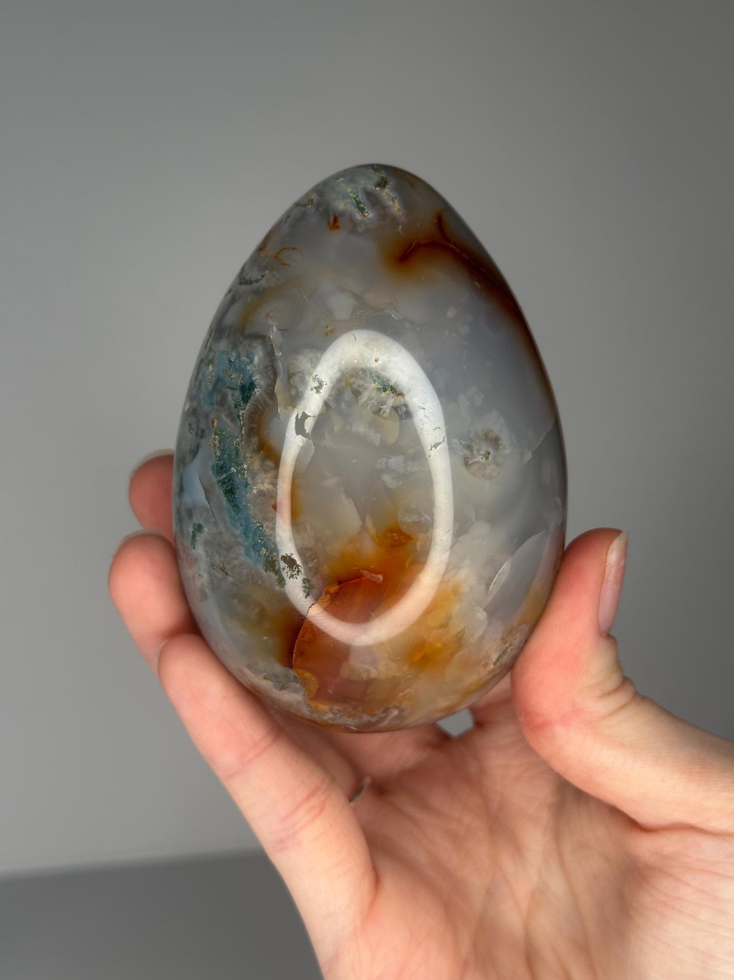 Blue Green Mossy Carnelian Egg | Natural Moss Agate Carnelian Crystal Carving | Polished Stone Display Piece for Home Decor Accent