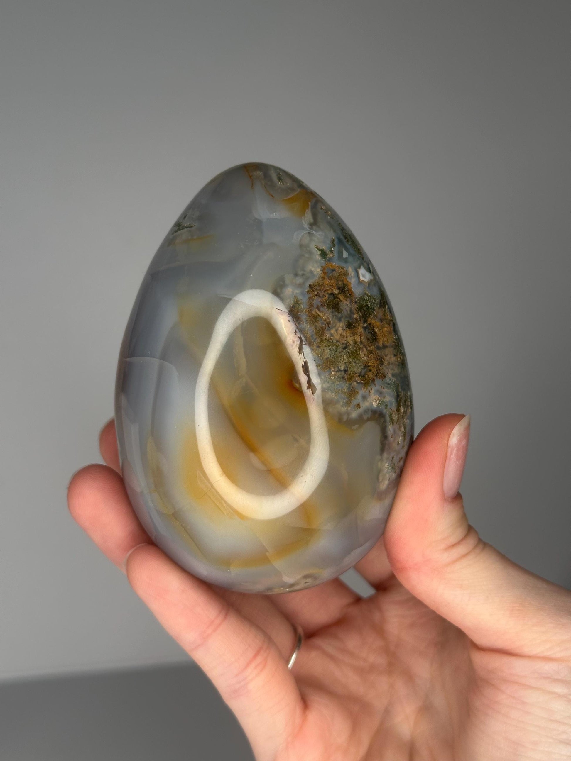 Blue Green Mossy Carnelian Egg | Natural Moss Agate Carnelian Crystal Carving | Polished Stone Display Piece for Home Decor Accent